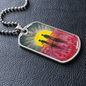 Abstract Aboriginal flag/Rising Sun silhouette Aboriginal holding spear, soldier holding gun & poppies-dog tag pendant/chain