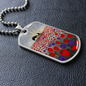 Sunrise, soldier & horse drinking from a hat silhouette, field of red & purple poppies - military style dog tag pendant/chain