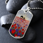Sunrise, soldier & horse drinking from a hat silhouette, field of red & purple poppies - military style dog tag pendant/chain