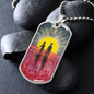 Abstract Aboriginal flag/Rising Sun silhouette Aboriginal holding spear, soldier holding gun & poppies-dog tag pendant/chain