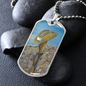 Digger's slouch hat resting on a gun with an ANZAC inspired Crest on a military style dog tag pendant with ball chain