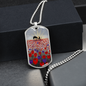 Sunrise, soldier & horse drinking from a hat silhouette, field of red & purple poppies - military style dog tag pendant/chain