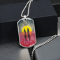 Abstract Aboriginal flag/Rising Sun silhouette Aboriginal holding spear, soldier holding gun & poppies-dog tag pendant/chain