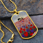 Sunrise, soldier & horse drinking from a hat silhouette, field of red & purple poppies - military style dog tag pendant/chain