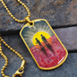 Abstract Aboriginal flag/Rising Sun silhouette Aboriginal holding spear, soldier holding gun & poppies-dog tag pendant/chain