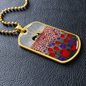 Sunrise, soldier & horse drinking from a hat silhouette, field of red & purple poppies - military style dog tag pendant/chain