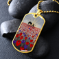 Sunrise, soldier & horse drinking from a hat silhouette, field of red & purple poppies - military style dog tag pendant/chain