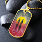 Abstract Aboriginal flag/Rising Sun silhouette Aboriginal holding spear, soldier holding gun & poppies-dog tag pendant/chain