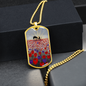 Sunrise, soldier & horse drinking from a hat silhouette, field of red & purple poppies - military style dog tag pendant/chain