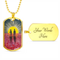 Abstract Aboriginal flag/Rising Sun silhouette Aboriginal holding spear, soldier holding gun & poppies-dog tag pendant/chain