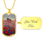 Sunrise, soldier & horse drinking from a hat silhouette, field of red & purple poppies - military style dog tag pendant/chain