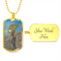 Digger's slouch hat resting on a gun with an ANZAC inspired Crest on a military style dog tag pendant with ball chain