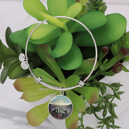 Original ANZAC Day artwork honouring past & present service personnel & animals s/steel bangle & charm by Kerry Sandhu Art