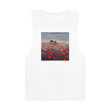 Load image into Gallery viewer, Regular fit sleeveless tank tee is 100% light cotton w/ low & raw (unsewn) armholes by Kerry Sandhu Art. 7 ANZAC designs