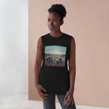 Load image into Gallery viewer, Regular fit sleeveless tank tee is 100% light cotton w/ low & raw (unsewn) armholes by Kerry Sandhu Art. 7 ANZAC designs