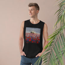 Load image into Gallery viewer, Regular fit sleeveless tank tee is 100% light cotton w/ low & raw (unsewn) armholes by Kerry Sandhu Art. 7 ANZAC designs