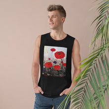 Load image into Gallery viewer, Regular fit sleeveless tank tee is 100% light cotton w/ low & raw (unsewn) armholes by Kerry Sandhu Art. 7 ANZAC designs