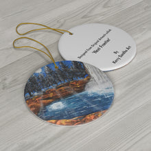 Load image into Gallery viewer, Original artwork front, description on back. Thick high-quality porcelain. 7cm diameter. Comes w/ ribbon by Kerry Sandhu Art