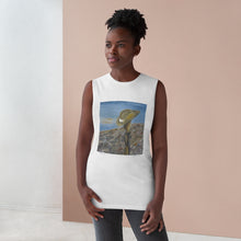 Load image into Gallery viewer, Regular fit sleeveless tank tee is 100% light cotton w/ low & raw (unsewn) armholes by Kerry Sandhu Art. 7 ANZAC designs