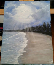Load image into Gallery viewer, Original painting of a pine tree lined beach with sunrays poking through the clouds by Kerry Sandhu Art