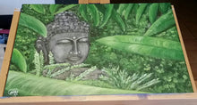 Load image into Gallery viewer, Original painting of a serene buddha head statue in a garden by Kerry Sandhu Art