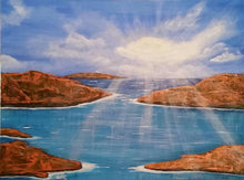 Load image into Gallery viewer, Original painting of sunrays filtering through clouds covering red rocks and blue and turquoise water by Kerry Sandhu Art