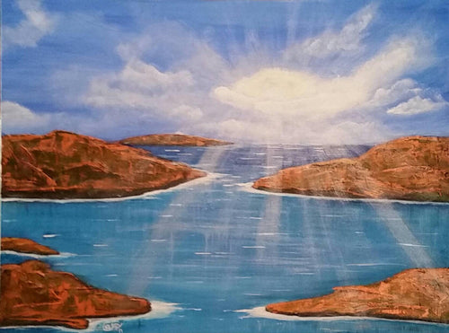 Original painting of sunrays filtering through clouds covering red rocks and blue and turquoise water by Kerry Sandhu Art