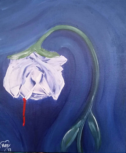 Original painting of a white rose with a single blood drip by Kerry Sandhu Art