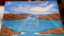 Load image into Gallery viewer, Original painting of sunrays filtering through clouds covering red rocks and blue and turquoise water by Kerry Sandhu Art