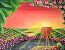 Load image into Gallery viewer, Original painting of sunrays filtering through a glass of red wine, patio table with grapes overlooking flowerbed & vineyard