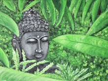 Load image into Gallery viewer, Original painting of a serene buddha head statue in a garden by Kerry Sandhu Art