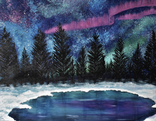 original artwork of the Northern Lights, Aurora Borealis/Aurora Australis with a starry sky, pine trees, snow and a lake