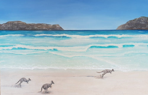 Original painting of kangaroos on Lucky Bay beach in Esperance, Western Australia by Kerry Sandhu Art