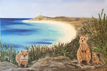Load image into Gallery viewer, Original painting Quokkas overlooking Pinky's Beach & Bathurst Lighthouse, Rottnest Island, Western Australia by Kerry Sandhu Art