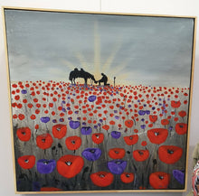 Load image into Gallery viewer, ANZAC Art. Sunrise, silhouette of soldier with horse drinking from a hat, a field of red & purple poppies by Kerry Sandhu Art