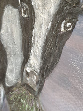 Load image into Gallery viewer, Original painting of a black and white cow eating with the sun rising by Kerry Sandhu Art