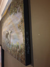 Load image into Gallery viewer, Original painting of a black and white cow eating with the sun rising by Kerry Sandhu Art