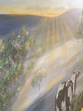 Load image into Gallery viewer, Original painting of a black and white cow eating with the sun rising by Kerry Sandhu Art