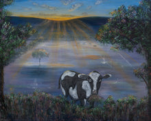 Load image into Gallery viewer, Original painting of a black and white cow eating with the sun rising by Kerry Sandhu Art