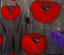 Load image into Gallery viewer, ANZAC Art. Sunrise, silhouette of soldier with horse drinking from a hat, a field of red & purple poppies by Kerry Sandhu Art
