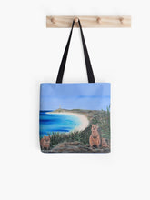 Load image into Gallery viewer, Quokkas overlooking Pinky's Beach and Bathurst Lighthouse on Rottnest Island, Western Australia on a 41 x 41cm tote bag