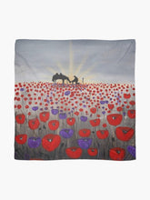 Load image into Gallery viewer,  Sunrise, soldier &amp; horse drinking from hat silhouette, a field of red &amp; purple poppies on a 140x 40cm scarf/wrap/shawl
