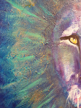 Load image into Gallery viewer, Original painting of a bold coloured lion head close up by Kerry Sandhu Art