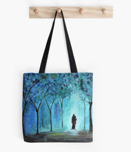 Load image into Gallery viewer, Original painting of a couple hugging in a blue and teal coloured forest on a 41 x 41cm tote bag
