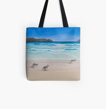 Load image into Gallery viewer, Original painiting of kangaroos on Lucky Bay Beach in Esperance, Western Australia on a 41 x 41cm tote bag