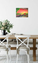Load image into Gallery viewer, Original painting of sunrays filtering through a glass of red wine, patio table with grapes overlooking flowerbed & vineyard