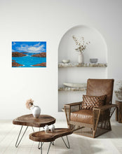 Load image into Gallery viewer, Original painting of sunrays filtering through clouds covering red rocks and blue and turquoise water by Kerry Sandhu Art