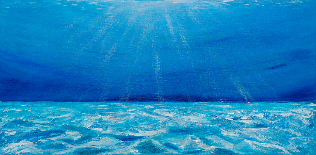 Original painting of sunrays filtering through the blue water and reflecting on the ocean floor by Kerry Sandhu Art