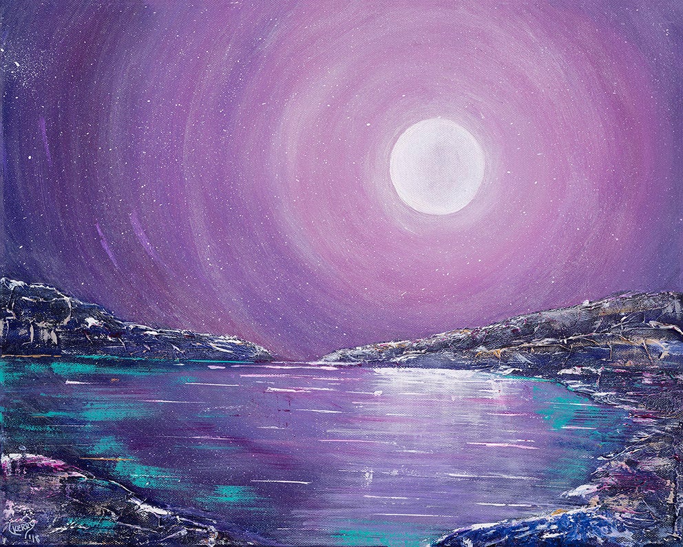 Original painting of a mystical full moon reflecting over water by Kerry Sandhu Art