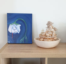 Load image into Gallery viewer, Original painting of a white rose with a single blood drip by Kerry Sandhu Art